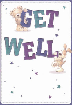 This delightful get well card radiates gentle optimism and nurturing care, echoing the tranquil vibes of Totteridge's leafy lanes and friendly homes. The center of the artwork features a soft teddy bear, its fluffy texture almost tangible, balancing atop the word 'GET' painted in rich, plummy purples. Nearby, a sprightly puppy with sweet, floppy ears leans companionably on the deep teal 'WELL,' both offering gestures full of affection. Illuminating the card are joyful stars scattered in cool blues and violets, reminiscent of the sky above Totteridge Fields on a hopeful morning. The crisp, clean background lets each figure and letter shine, bringing clarity and a sense of space that feels healing in its own right. Every feature is outlined with a sense of care one might find in thoughtfully arranged flower bouquets made by Totteridge florists-each petal placed to nurture and uplift. This card's gentle scene, complete with playful characters and lively colours, captures a sincere wish for recovery-a visual comfort that would feel right at home delivered alongside fresh blooms from Florist Totteridge to a loved one's doorstep in the heart of N20.