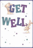 Full of cheerful energy and comforting intentions, this get well card depicts two delightful companions-a fuzzy teddy bear and an affectionate puppy-each playfully holding up the bold, vibrant letters of 'Get Well'. Their soft, textured fur and round features communicate a sense of gentle support, much like a lovingly wrapped bouquet delivered to a friend's house along Barnet Lane. Splashes of star-shaped confetti in shades of violet and turquoise twinkle across the creamy background, infusing the scene with hope and a touch of whimsy. The rich purples and cool teals of the typography stand confidently at the center, their exuberance echoing the uplifting mood of a walk through Totteridge's open spaces. Every detail, down to the velvety shading of their coats, hints at the tactile comfort of a hand-crafted floral arrangement from Florist Totteridge. Altogether, the card feels like an embrace-a blend of innocence and positivity thoughtfully created to raise the spirits of anyone on the mend in this North London haven.